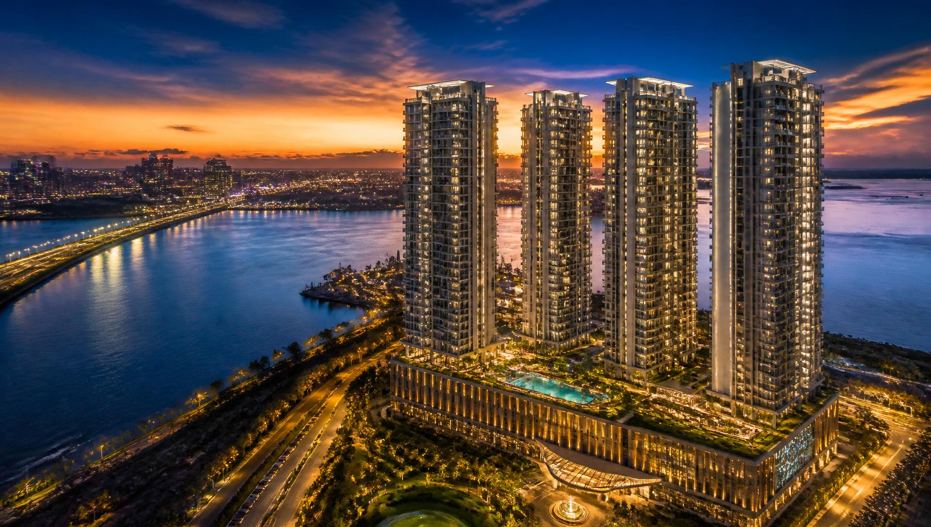 Waterfront residences at sunset